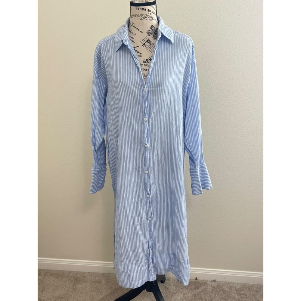 HM Blue White Striped Cotton Long Sleeve Button Down Shirt Dress Small 0988614 3